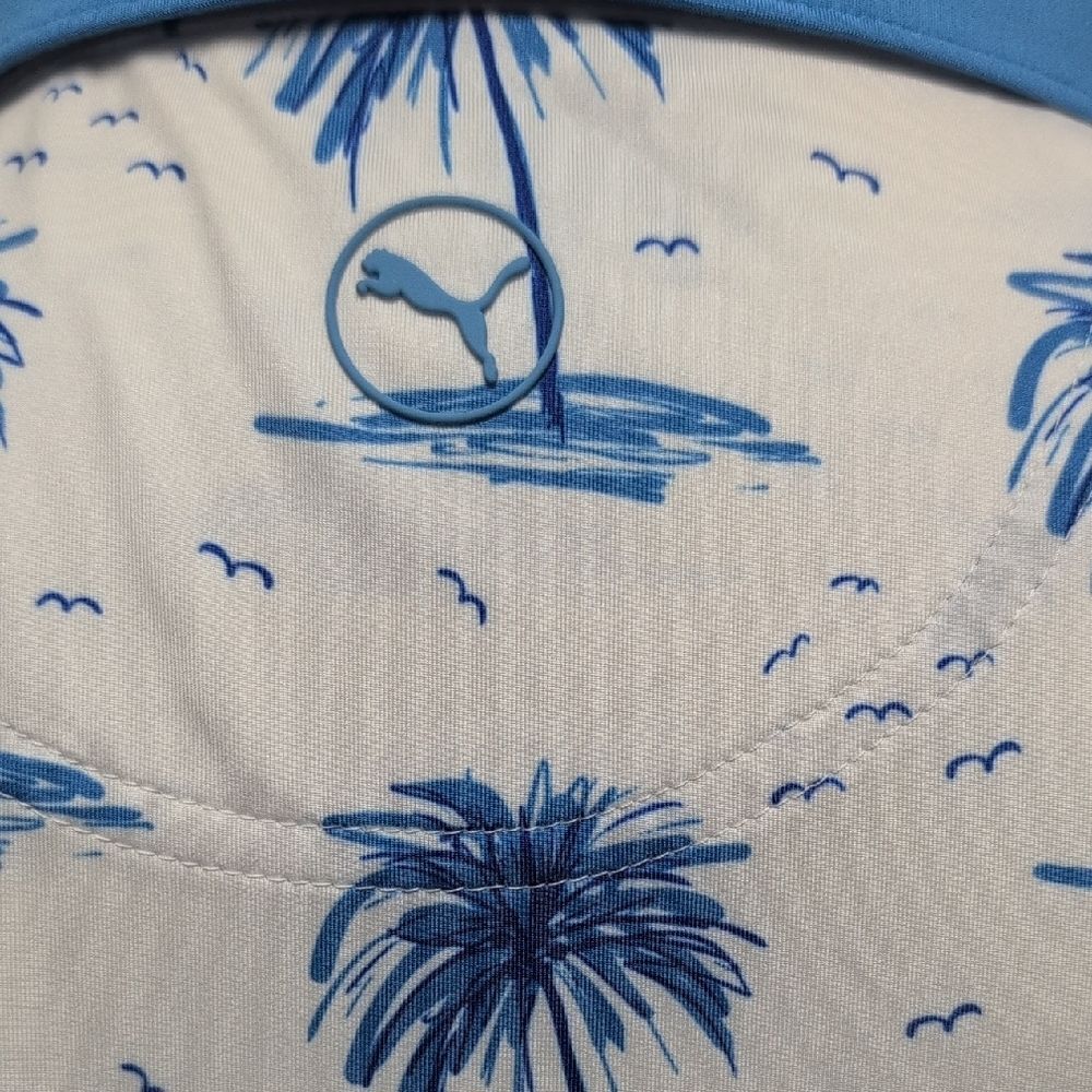Puma White/Blue Palm Tree Print Polo Shirt Embroidered Founders Club Sleeve Sz M - Picture 3 of 9